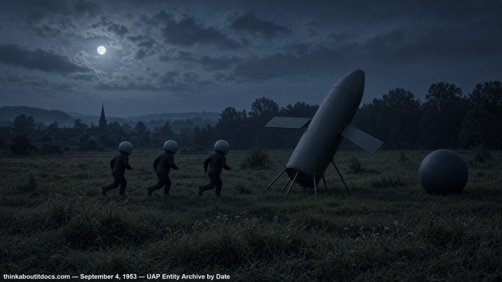 Illustration of three helmeted entities running toward a winged, tripod-mounted craft and a spherical craft in a French field at night, September 4, 1953