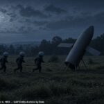 Illustration of three helmeted entities running toward a winged, tripod-mounted craft and a spherical craft in a French field at night, September 4, 1953