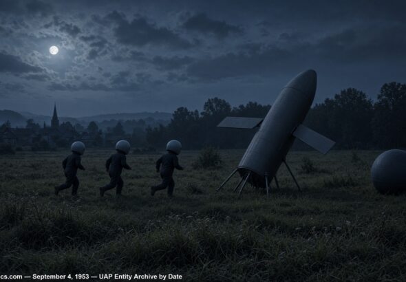 Illustration of three helmeted entities running toward a winged, tripod-mounted craft and a spherical craft in a French field at night, September 4, 1953