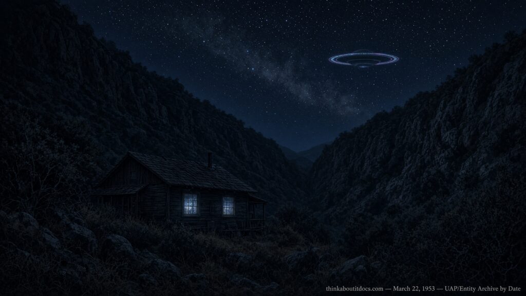 Illustration of a remote cabin at night with a glowing Saturn-shaped ringed craft hovering above the trees, Tujunga Canyon, March 22, 1953