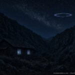 Illustration of a remote cabin at night with a glowing Saturn-shaped ringed craft hovering above the trees, Tujunga Canyon, March 22, 1953