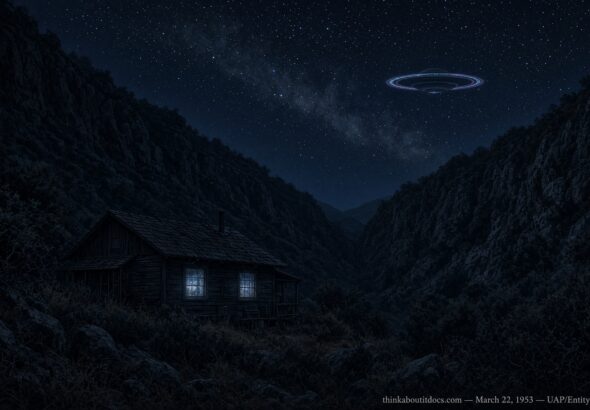 Illustration of a remote cabin at night with a glowing Saturn-shaped ringed craft hovering above the trees, Tujunga Canyon, March 22, 1953