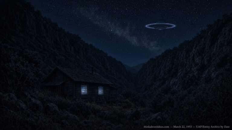 Illustration of a remote cabin at night with a glowing Saturn-shaped ringed craft hovering above the trees, Tujunga Canyon, March 22, 1953
