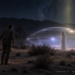 Illustration of a materializing silvery dome-shaped craft and a blond-haired woman in the Mojave Desert near Twentynine Palms, California, December 1953