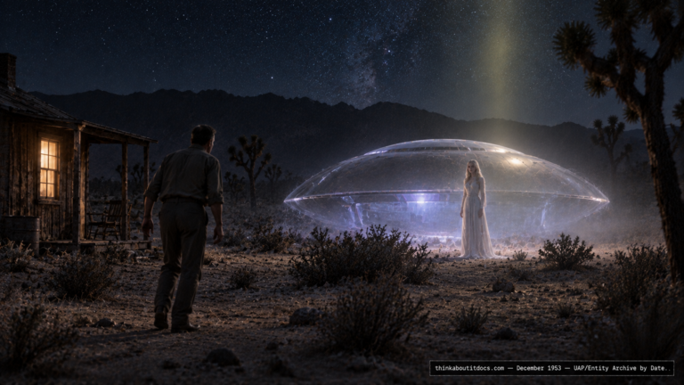 Illustration of a materializing silvery dome-shaped craft and a blond-haired woman in the Mojave Desert near Twentynine Palms, California, December 1953