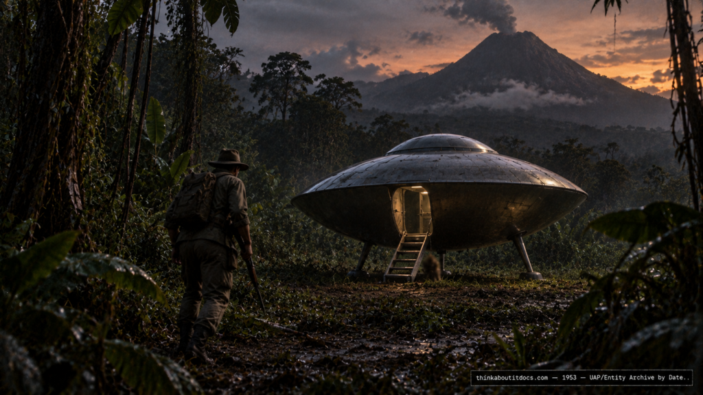 Illustration of a domed circular craft on a Venezuelan volcanic hillside with a lone expedition member approaching its open hatch, 1953