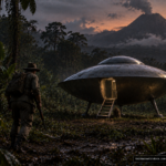 Illustration of a domed circular craft on a Venezuelan volcanic hillside with a lone expedition member approaching its open hatch, 1953