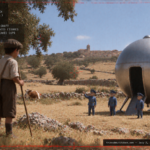 Illustration of a small steel-colored balloon-shaped craft with three tiny blue-suited entities in a Spanish pasture, confronting a young cowherd, July 1953