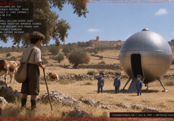 Illustration of a small steel-colored balloon-shaped craft with three tiny blue-suited entities in a Spanish pasture, confronting a young cowherd, July 1953