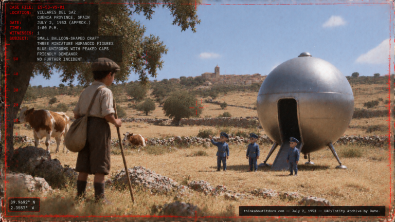 Illustration of a small steel-colored balloon-shaped craft with three tiny blue-suited entities in a Spanish pasture, confronting a young cowherd, July 1953