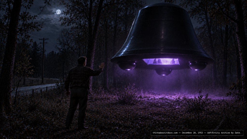 Illustration of a black bell-shaped craft with a violet-lit interior hovering in an Ohio clearing, a witness held back by an invisible barrier, December 20, 1953