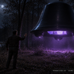 Illustration of a black bell-shaped craft with a violet-lit interior hovering in an Ohio clearing, a witness held back by an invisible barrier, December 20, 1953