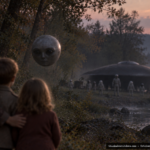 Dreamlike illustration of a floating, bodiless head and small gray-suited beings near a dark object by a river, Athus, Luxembourg, October 3, 1954