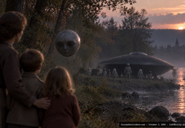 Dreamlike illustration of a floating, bodiless head and small gray-suited beings near a dark object by a river, Athus, Luxembourg, October 3, 1954