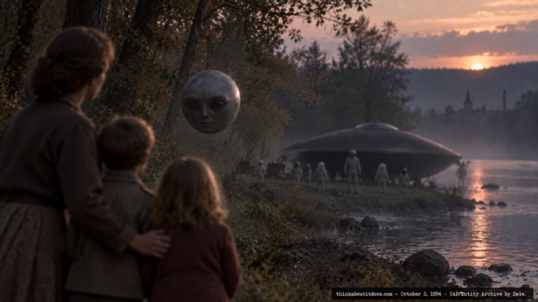 Dreamlike illustration of a floating, bodiless head and small gray-suited beings near a dark object by a river, Athus, Luxembourg, October 3, 1954