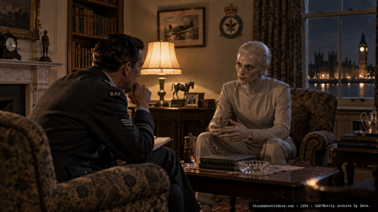 Illustration of an RAF officer in conversation with a pale, penetrating-eyed entity in a 1950s Chelsea London apartment, 1954