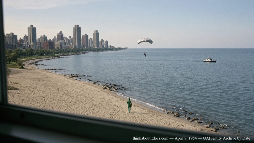 Illustration of a shrinking parachute-like object descending toward the Chicago lakefront with a green-suited figure pacing the shore, April 8, 1954