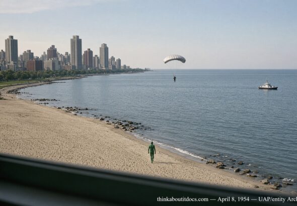 Illustration of a shrinking parachute-like object descending toward the Chicago lakefront with a green-suited figure pacing the shore, April 8, 1954