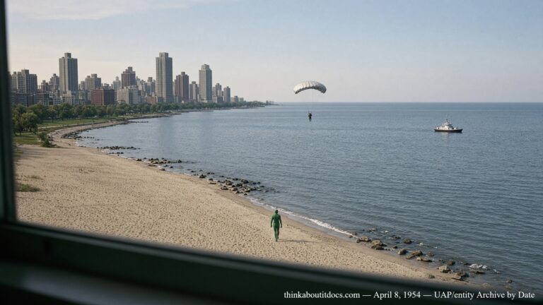 Illustration of a shrinking parachute-like object descending toward the Chicago lakefront with a green-suited figure pacing the shore, April 8, 1954