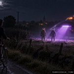 Illustration of two helmeted single-eyed entities illuminated by violet light beside a turtle-shaped craft, Cozes, France, October 6, 1954