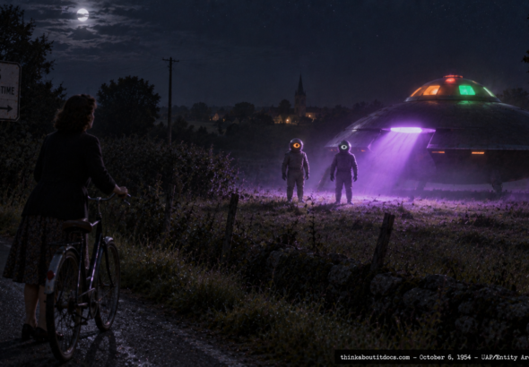 Illustration of two helmeted single-eyed entities illuminated by violet light beside a turtle-shaped craft, Cozes, France, October 6, 1954