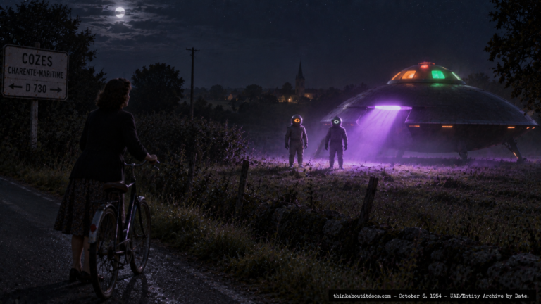Illustration of two helmeted single-eyed entities illuminated by violet light beside a turtle-shaped craft, Cozes, France, October 6, 1954