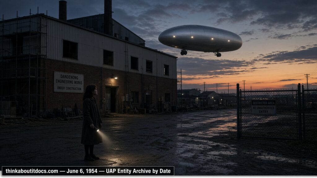 Illustration of a cylindrical lit object hovering near a factory at dusk with a frightened teenage girl nearby, Dandenong, Victoria, Australia, June 6, 1954