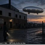 Illustration of a cylindrical lit object hovering near a factory at dusk with a frightened teenage girl nearby, Dandenong, Victoria, Australia, June 6, 1954