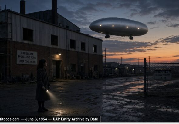 Illustration of a cylindrical lit object hovering near a factory at dusk with a frightened teenage girl nearby, Dandenong, Victoria, Australia, June 6, 1954