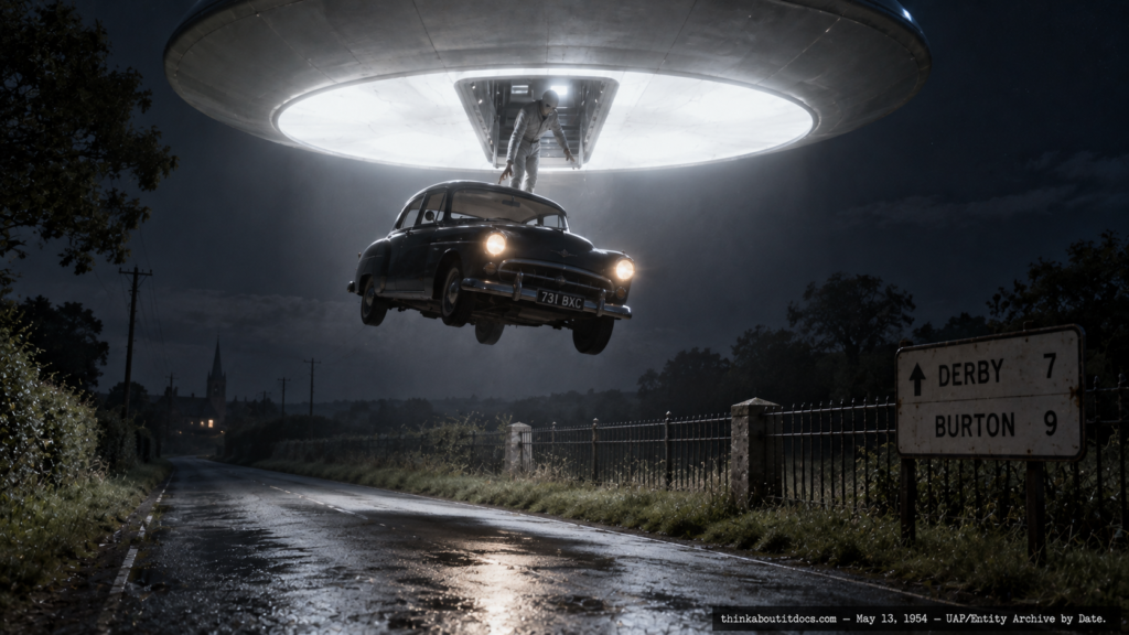Illustration of a car lifted off a rural English road beneath a hovering luminous object, Derby to Burton, England, May 13, 1954