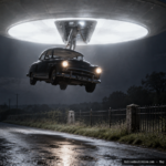 Illustration of a car lifted off a rural English road beneath a hovering luminous object, Derby to Burton, England, May 13, 1954
