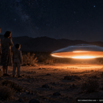 Illustration of a family standing near a glowing disc in the desert with their tent seemingly vanished, Desert Center, California, April 3, 1954