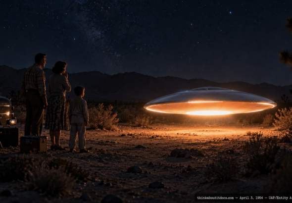 Illustration of a family standing near a glowing disc in the desert with their tent seemingly vanished, Desert Center, California, April 3, 1954