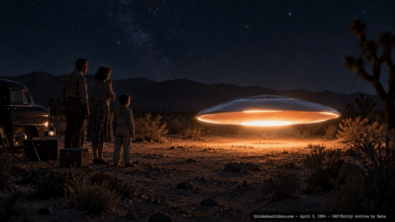 Illustration of a family standing near a glowing disc in the desert with their tent seemingly vanished, Desert Center, California, April 3, 1954