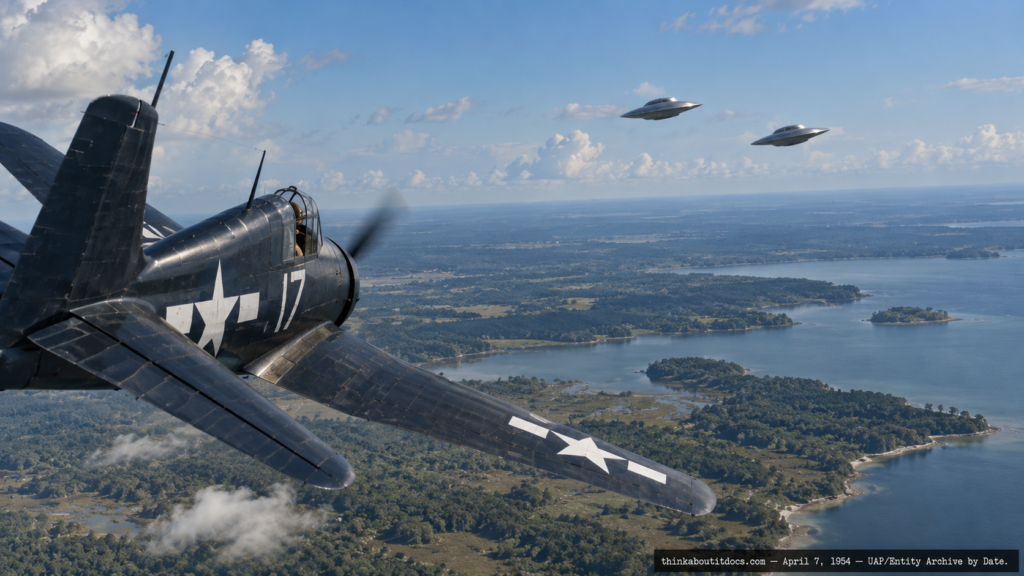 Illustration of an F6F Hellcat pursuing two saucer-shaped discs over Fentress, Virginia near Lake Drummond, April 7, 1954