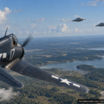 Illustration of an F6F Hellcat pursuing two saucer-shaped discs over Fentress, Virginia near Lake Drummond, April 7, 1954