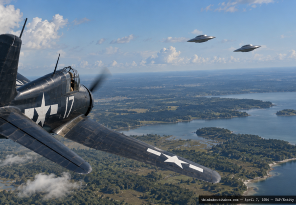 Illustration of an F6F Hellcat pursuing two saucer-shaped discs over Fentress, Virginia near Lake Drummond, April 7, 1954