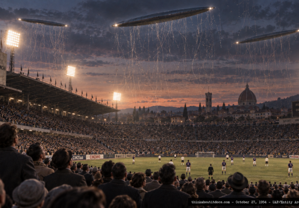 Illustration of a packed Italian football stadium watching motionless cigar-shaped objects overhead as thread-like material falls, October 27, 1954