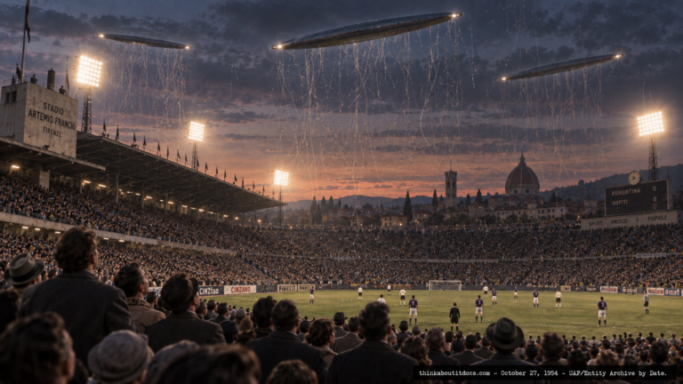 Illustration of a packed Italian football stadium watching motionless cigar-shaped objects overhead as thread-like material falls, October 27, 1954