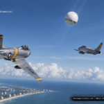 Illustration of a Marine Corps jet pilot banking away from a gold-ringed white spherical object over Fort Lauderdale, Florida, March 25, 1954
