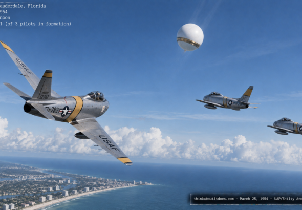 Illustration of a Marine Corps jet pilot banking away from a gold-ringed white spherical object over Fort Lauderdale, Florida, March 25, 1954
