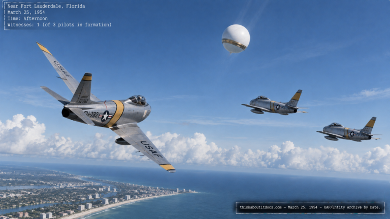 Illustration of a Marine Corps jet pilot banking away from a gold-ringed white spherical object over Fort Lauderdale, Florida, March 25, 1954