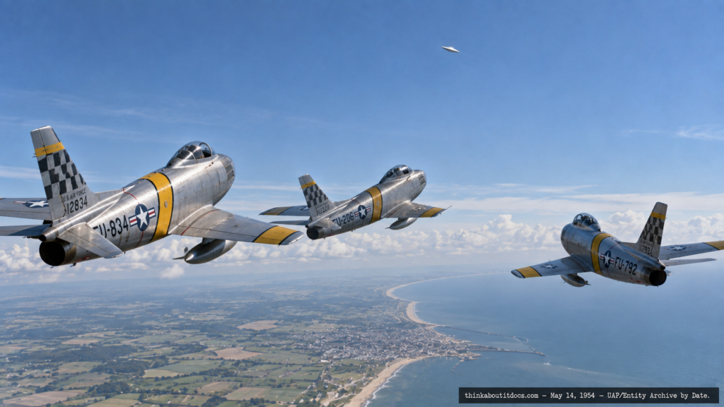 Illustration of three F-86 Sabre jets looking up at a round silver object holding high altitude above them near Great Yarmouth, England, May 14, 1954