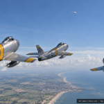Illustration of three F-86 Sabre jets looking up at a round silver object holding high altitude above them near Great Yarmouth, England, May 14, 1954
