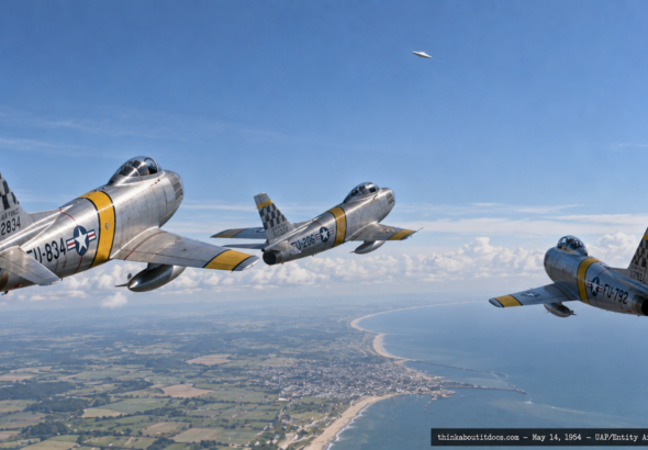 Illustration of three F-86 Sabre jets looking up at a round silver object holding high altitude above them near Great Yarmouth, England, May 14, 1954
