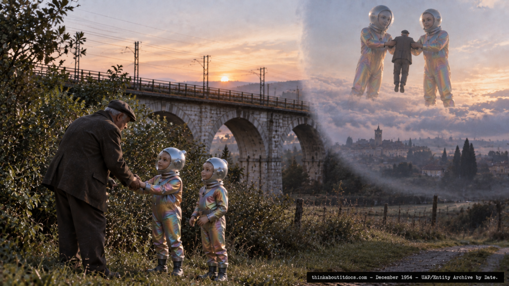 Illustration of an elderly farmer being lifted skyward by size-shifting rainbow-suited beings near a railroad bridge, Gricignano di Aversa, Italy, December 1954