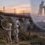 Illustration of an elderly farmer being lifted skyward by size-shifting rainbow-suited beings near a railroad bridge, Gricignano di Aversa, Italy, December 1954