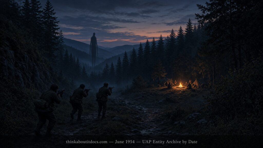 Illustration of a tall floating humanoid figure at a forest edge confronted by armed young men at twilight, North Caucasus, Russia, June 1954 Illustration of a tall floating humanoid figure at a forest edge confronted by armed young men at twilight, North Caucasus, Russia, June 1954