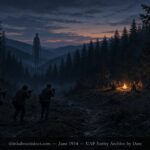 Illustration of a tall floating humanoid figure at a forest edge confronted by armed young men at twilight, North Caucasus, Russia, June 1954 Illustration of a tall floating humanoid figure at a forest edge confronted by armed young men at twilight, North Caucasus, Russia, June 1954