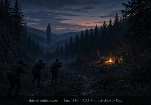 Illustration of a tall floating humanoid figure at a forest edge confronted by armed young men at twilight, North Caucasus, Russia, June 1954 Illustration of a tall floating humanoid figure at a forest edge confronted by armed young men at twilight, North Caucasus, Russia, June 1954